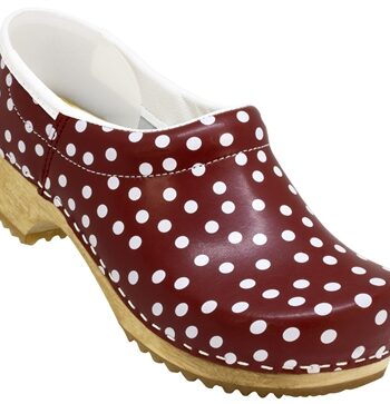 Den Gode Gammeldags Træsko Med Træsål Med Kappe Rød Med Store Prikker Naturfarvet Sål - Skosh